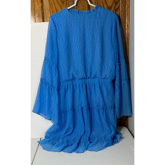 Women’s Dress Size L Blue Long Bell Sleeve Tiered Ruffle Boho Peasant Style - Picture 4 of 7